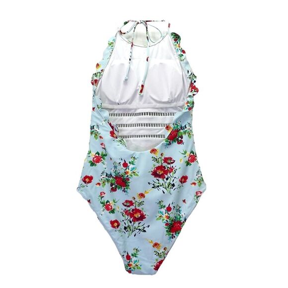 NWT Cupshe Light Blue And Red Floral Halter One-Piece Swimsuit Size Medium New - Picture 9 of 16
